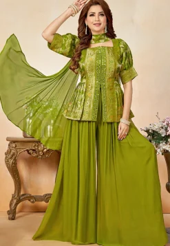 Embroidered Art Silk Top Set in Light Green
