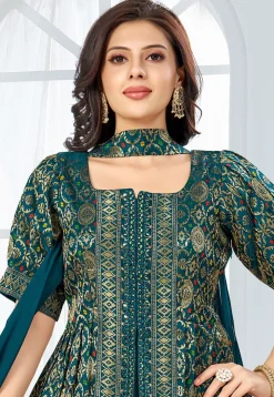 Embroidered Art Silk Top Set in Teal Green