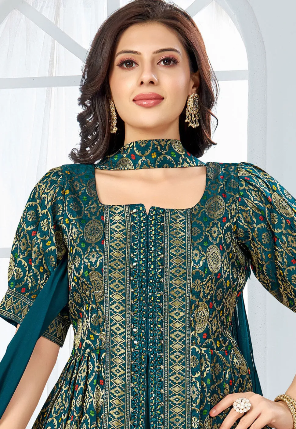 Embroidered Art Silk Top Set in Teal Green
