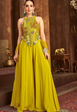 Embroidered Art Silk Top Set in Yellow