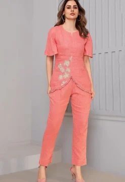Embroidered Art Silk Top Set in Peach