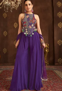 Embroidered Art Silk Top Set in Purple