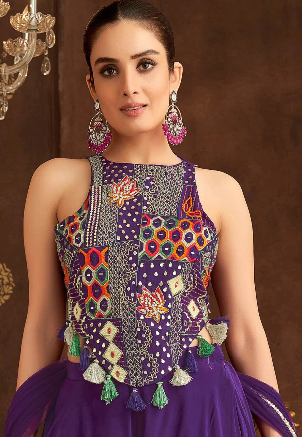 Embroidered Art Silk Top Set in Purple