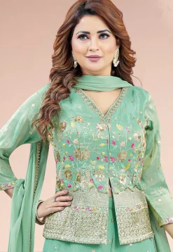 Embroidered Art Silk Top Set in Sea Green