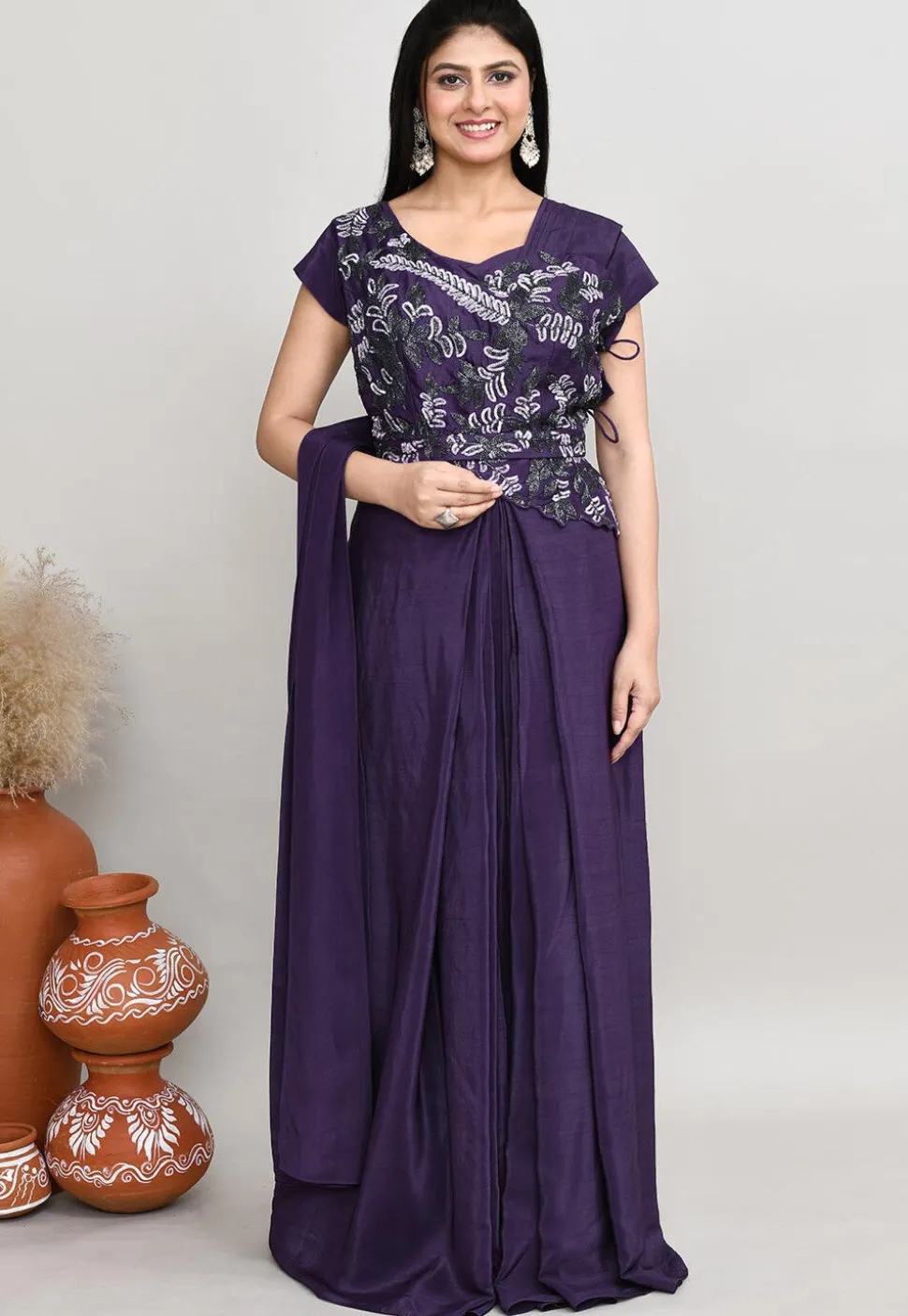 Embroidered Art Silk Top Set in Dark Purple