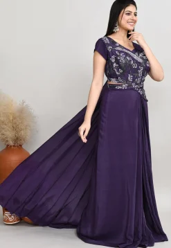 Embroidered Art Silk Top Set in Dark Purple