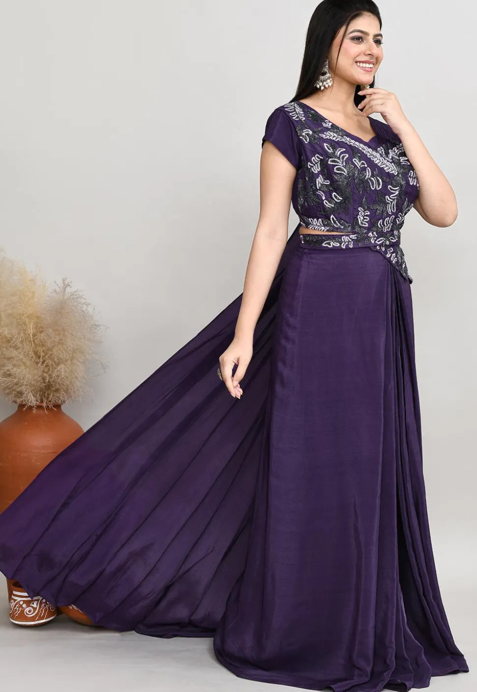 Embroidered Art Silk Top Set in Dark Purple