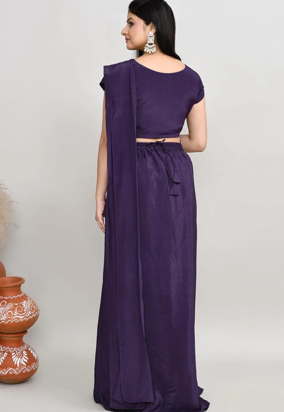 Embroidered Art Silk Top Set in Dark Purple