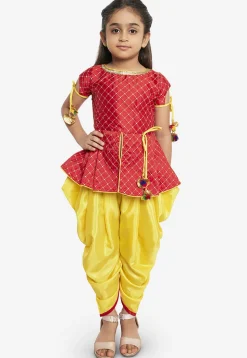 Embroidered Art Silk Top N Dhoti Pant in Red and Yellow