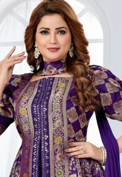 Embroidered Art Silk Top Set in Purple