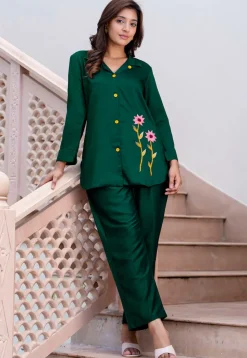 Embroidered Art Silk Top Set in Dark Green