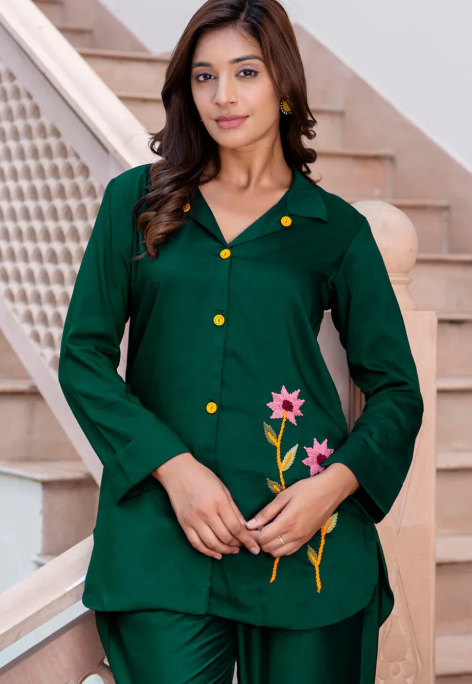 Embroidered Art Silk Top Set in Dark Green