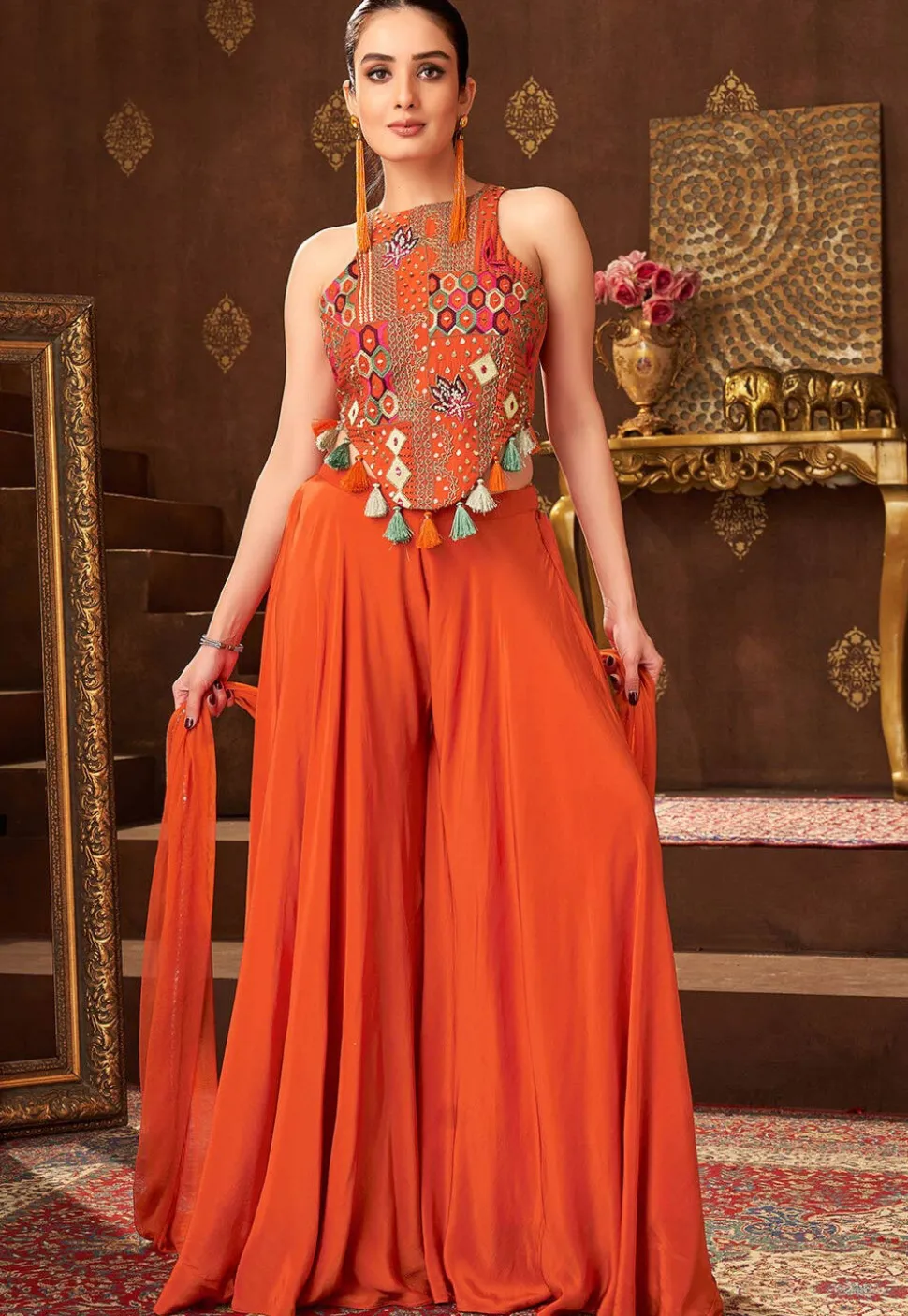 Embroidered Art Silk Top Set in Orange