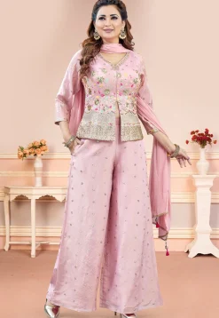 Embroidered Art Silk Top Set in Pink