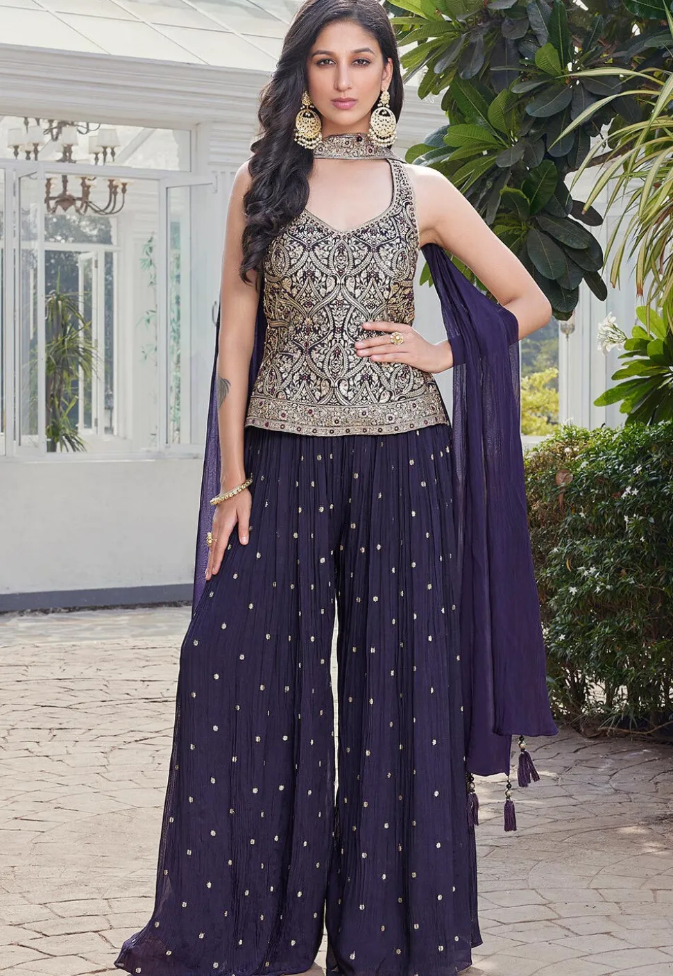 Embroidered Art Silk Top Set in Purple