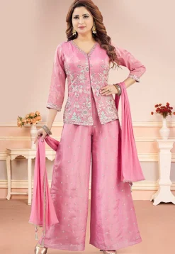 Embroidered Art Silk Top Set in Pink