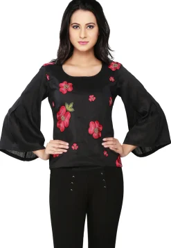 Embroidered Art Silk Top In Black
