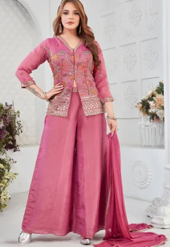 Embroidered Art Silk Top Set in Pink