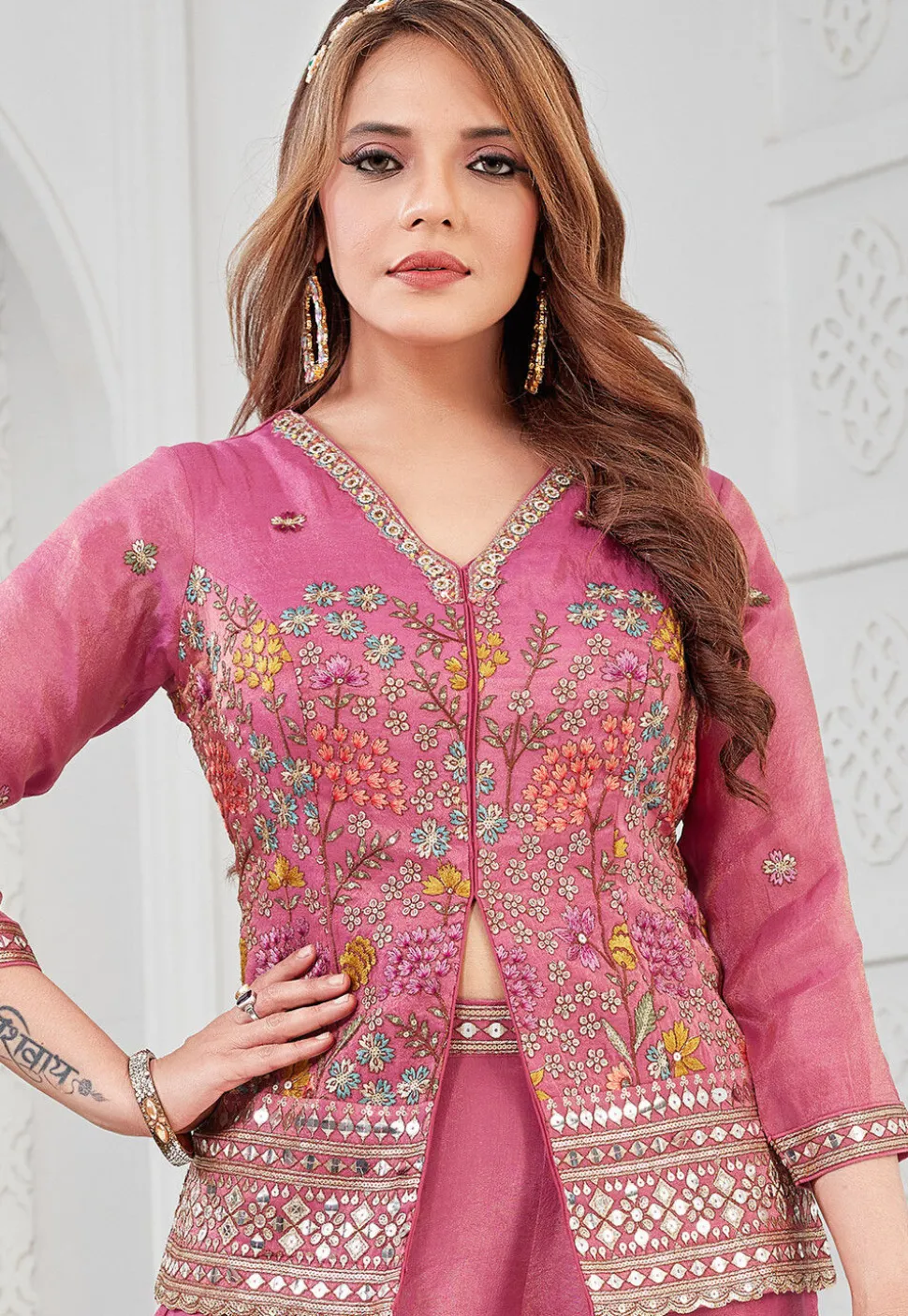 Embroidered Art Silk Top Set in Pink
