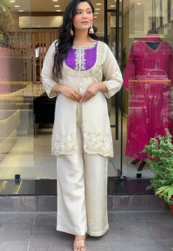 Embroidered Art Silk Tunic Set in Light Beige