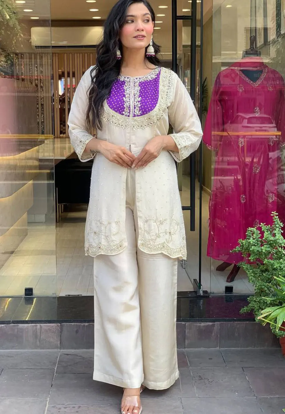 Embroidered Art Silk Tunic Set in Light Beige