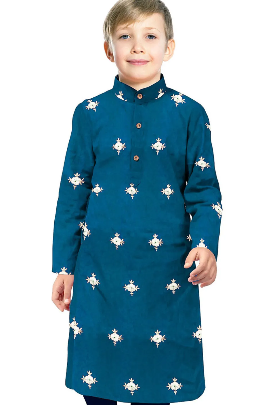 Embroidered Art Taffeta Silk Kurta in Teal Blue
