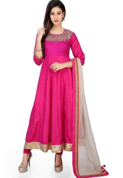 Embroidered Banarasi Silk Anarkali Suit in Fuchsia
