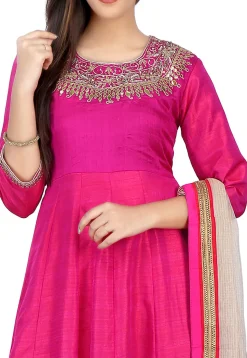 Embroidered Banarasi Silk Anarkali Suit in Fuchsia