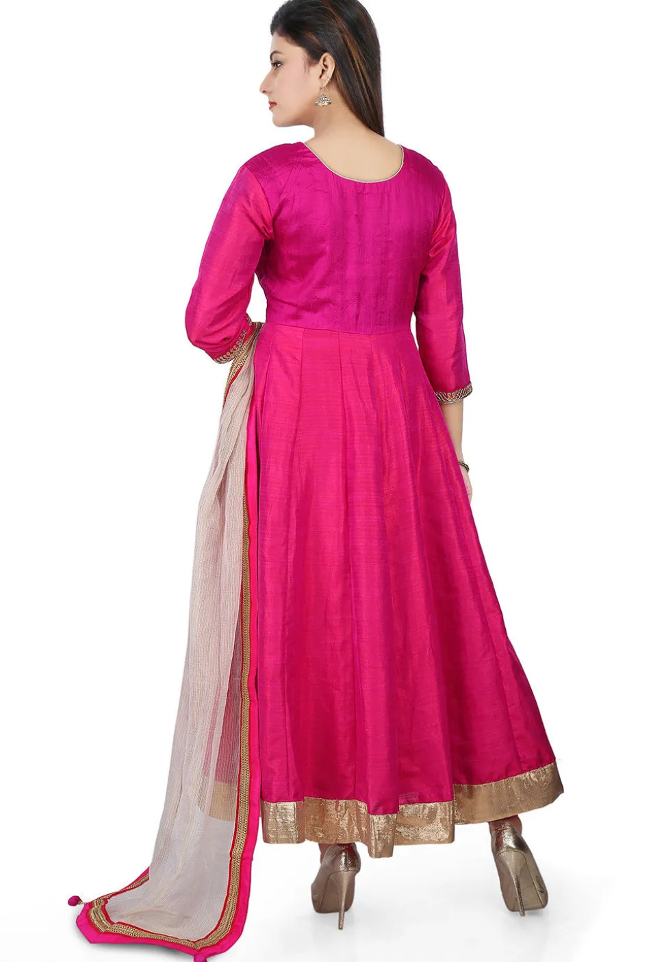 Embroidered Banarasi Silk Anarkali Suit in Fuchsia
