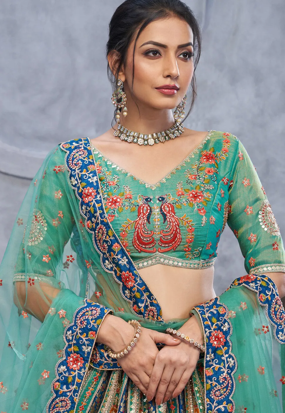 Embroidered Banarasi Silk Lehenga in Teal Green and Blue