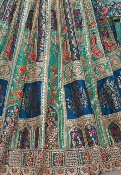 Embroidered Banarasi Silk Lehenga in Teal Green and Blue