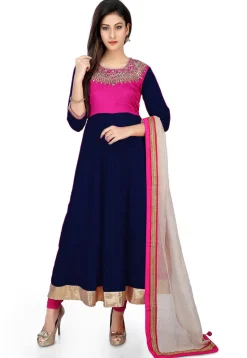 Embroidered Banarasi Silk Anarkali Suit in Navy Blue and Fuchsia