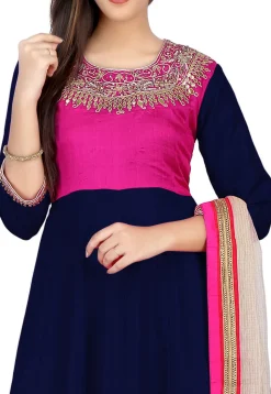 Embroidered Banarasi Silk Anarkali Suit in Navy Blue and Fuchsia