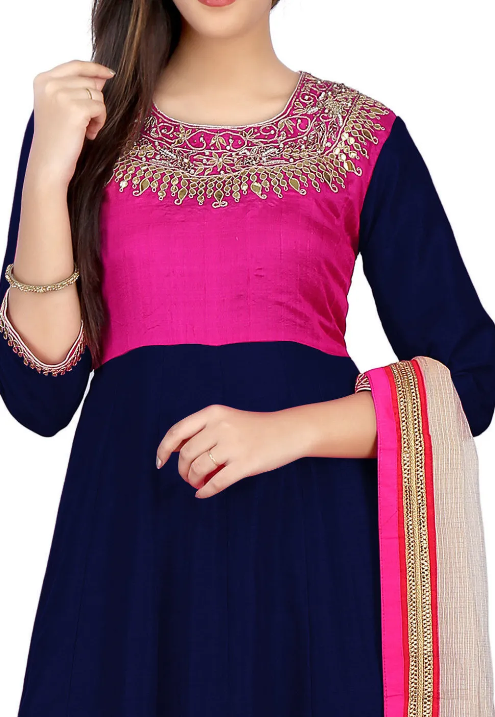 Embroidered Banarasi Silk Anarkali Suit in Navy Blue and Fuchsia
