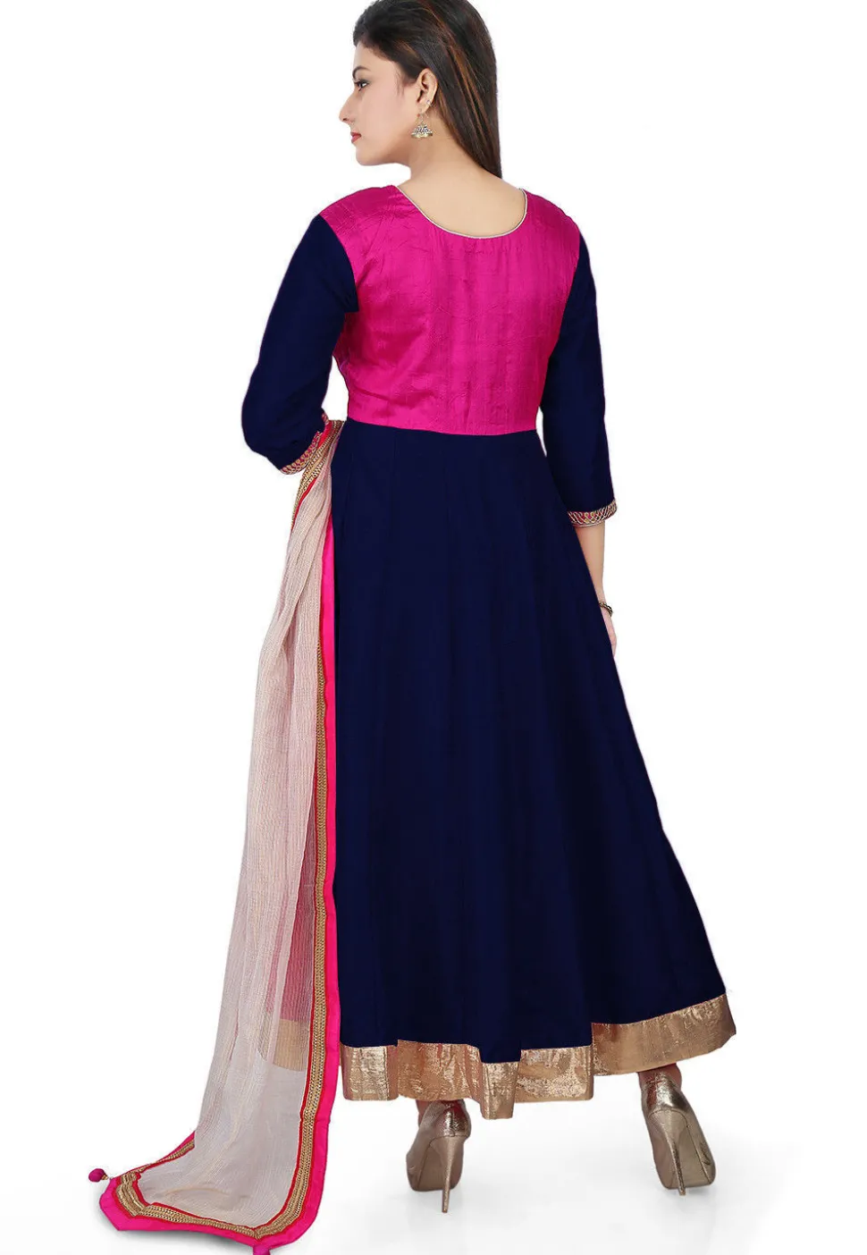 Embroidered Banarasi Silk Anarkali Suit in Navy Blue and Fuchsia