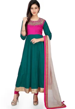 Embroidered Banarasi Silk Anarkali Suit in Teal Green and Fuchsia