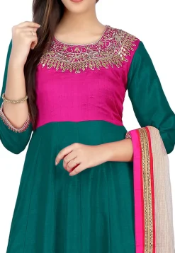 Embroidered Banarasi Silk Anarkali Suit in Teal Green and Fuchsia