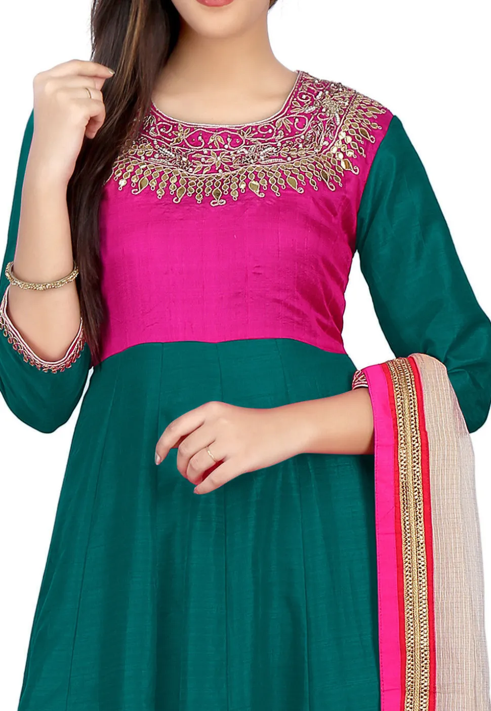 Embroidered Banarasi Silk Anarkali Suit in Teal Green and Fuchsia