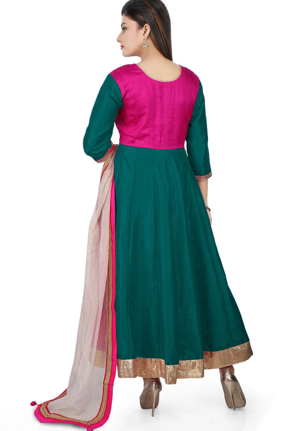 Embroidered Banarasi Silk Anarkali Suit in Teal Green and Fuchsia