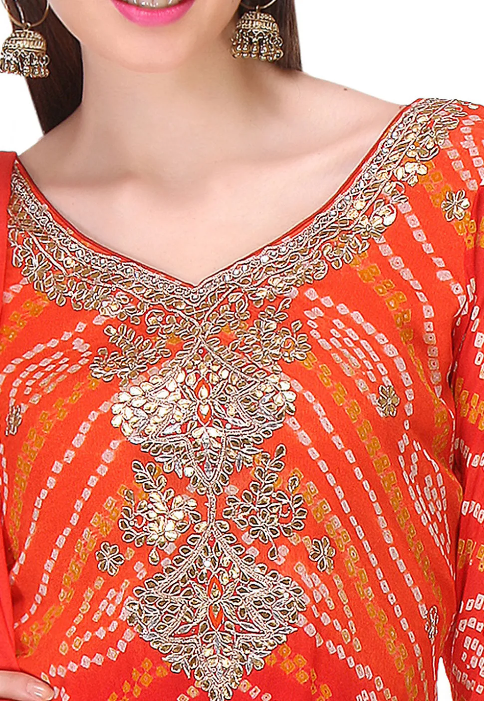 Embroidered Bandhej Pure Chinon Crepe Straight Cut Suit in Red