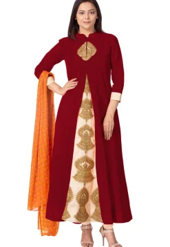 Embroidered Bhagalpuri Silk Anarkali Suit in Maroon and Beige