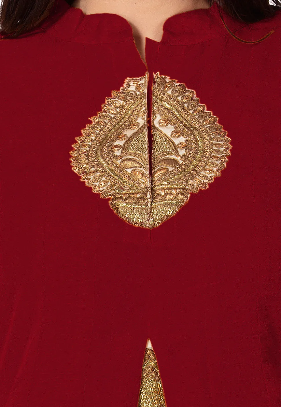 Embroidered Bhagalpuri Silk Anarkali Suit in Maroon and Beige