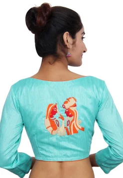 Embroidered Bhagalpuri Silk Padded Blouse in Turquoise