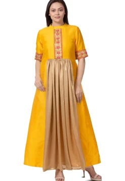 Embroidered Bhagalpuri Silk A Line Kurta in Mustard and Beige