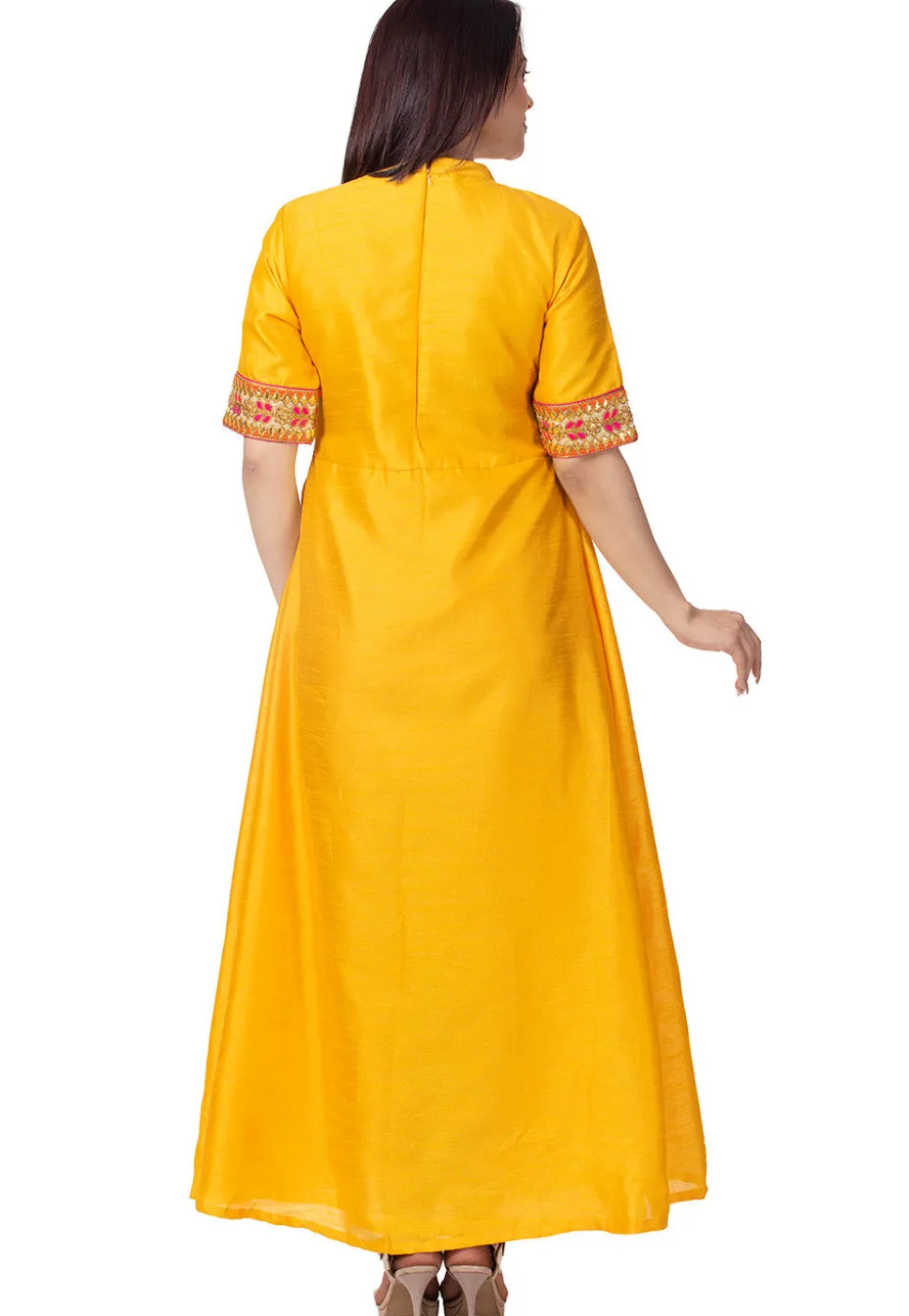 Embroidered Bhagalpuri Silk A Line Kurta in Mustard and Beige