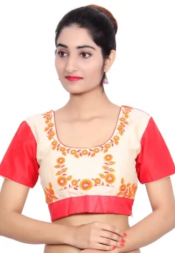 Embroidered Bhagalpuri Silk Padded Blouse in Off White and Red