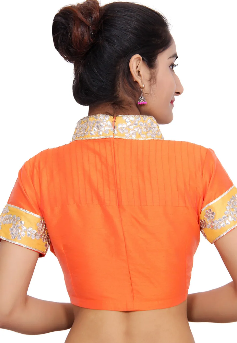 Embroidered Bhagalpuri Silk Padded Blouse in Orange and Yellow