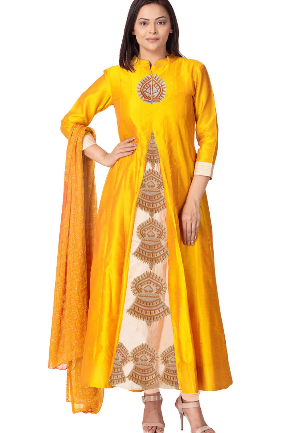 Embroidered Bhagalpuri Silk Anarkali Suit in Orange and Beige