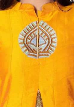 Embroidered Bhagalpuri Silk Anarkali Suit in Orange and Beige