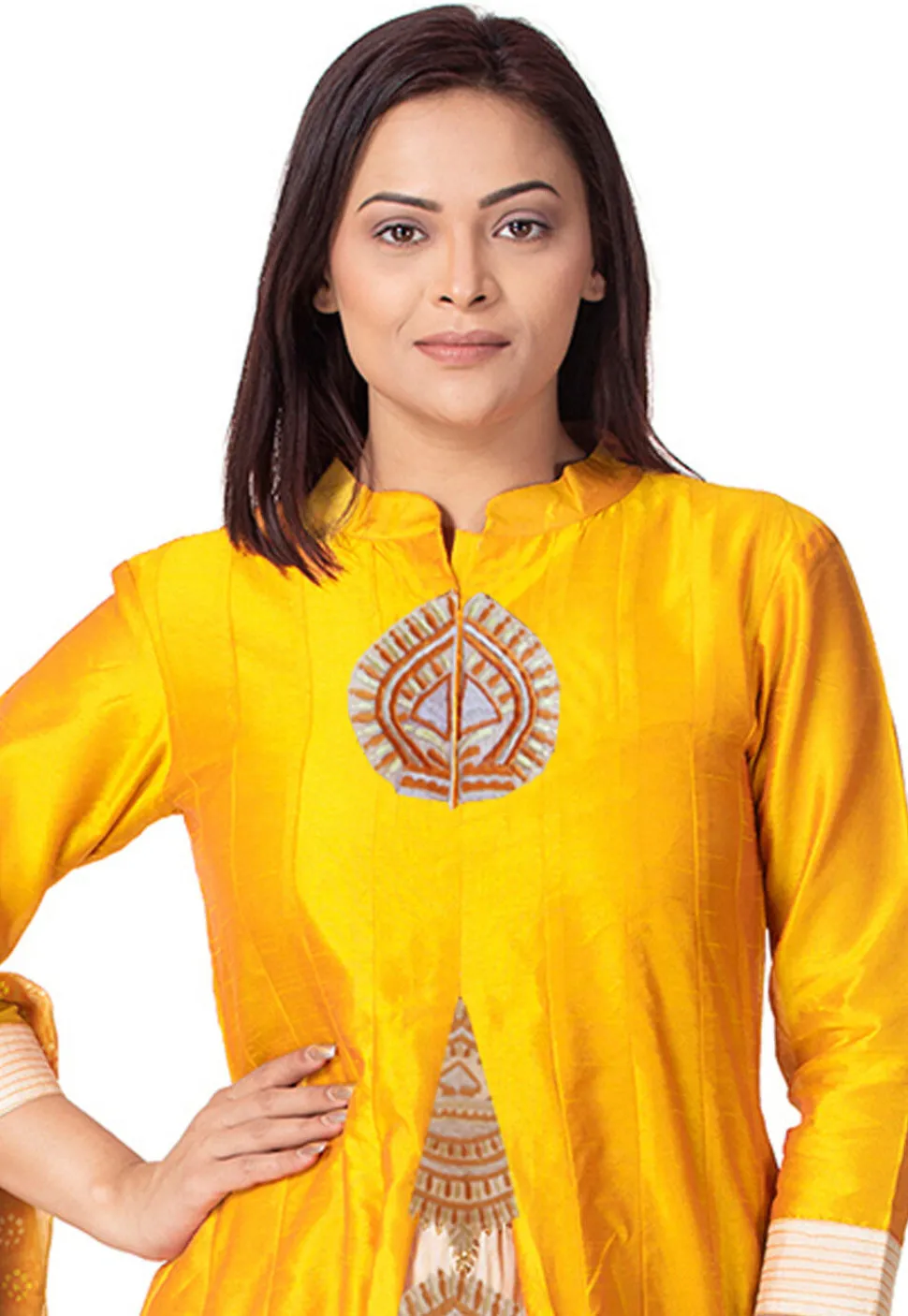 Embroidered Bhagalpuri Silk Anarkali Suit in Orange and Beige